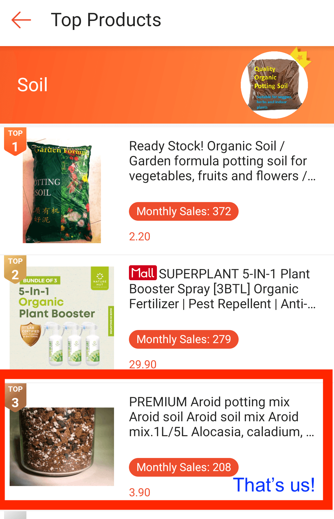 Top 3 soil seller on Shopee